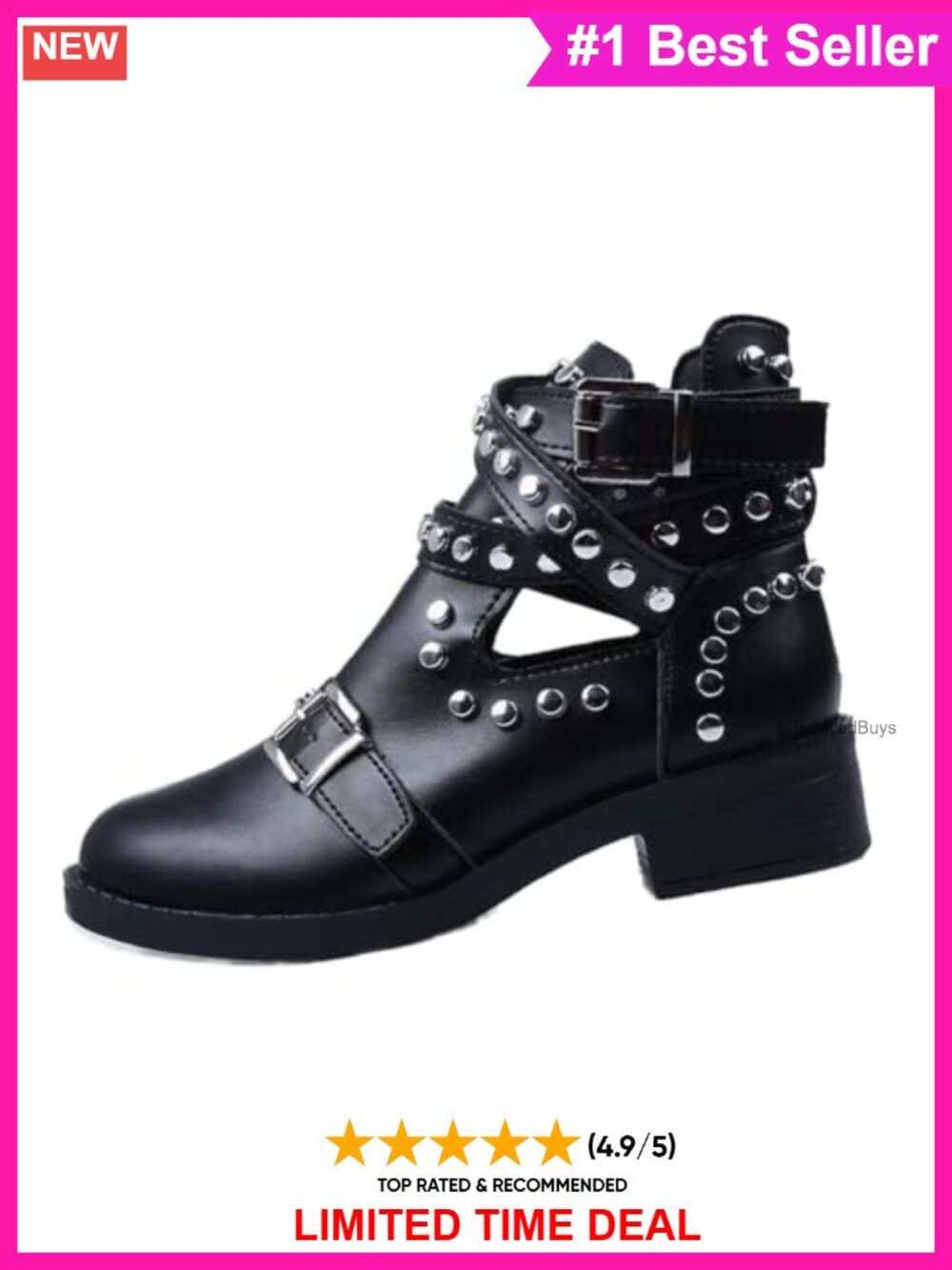Faux Leather Studded Buckle Strap Ankle Boots Western Block Heel